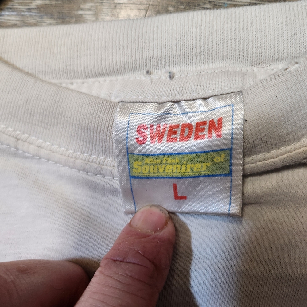 Vintage 90s Made In Sweden Disyressed MooseWarning White Graphic Tee - Picture 5 of 9